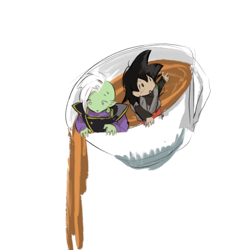 2boys black_bodysuit black_eyes black_hair bodysuit chibi colored_skin cup dougi dragon_ball dragon_ball_super earrings goku_black green_skin grey_eyes highres jewelry kikuomiku7 long_sleeves mohawk multiple_boys panicking pointy_ears potara_earrings pouring purple_shirt red_sash saiyan sash shirt short_hair spiked_hair sweat tea teacup white_hair zamasu
