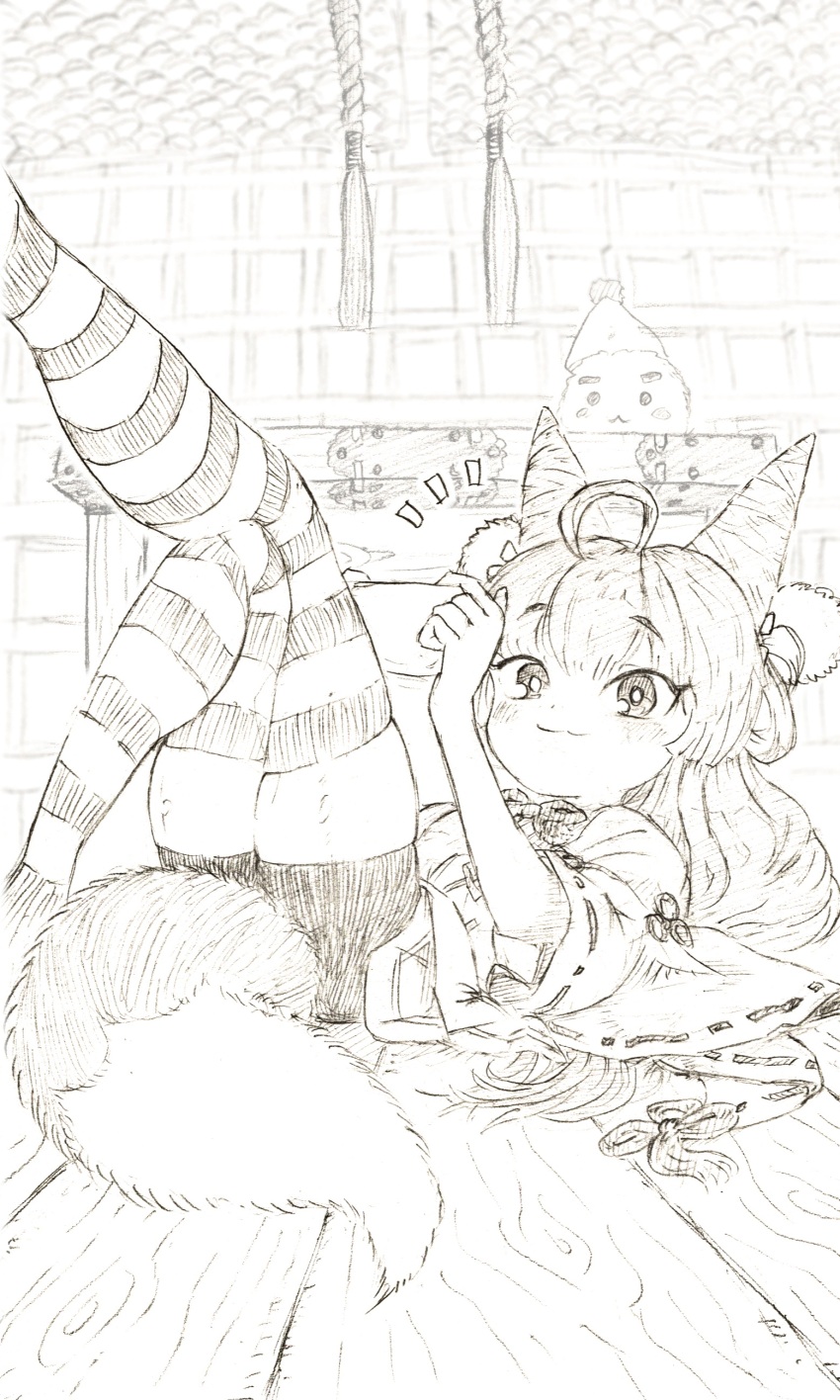 1girl :3 absurdres ahoge cone_hair_bun fox_girl fox_tail hair_bun hair_ornament hair_rings highres inari_(tenko_shibuki) kosode monochrome pom_pom_(clothes) pom_pom_hair_ornament shorts socks_over_thighhighs stellive tail tenko_shibuki virtual_youtuber
