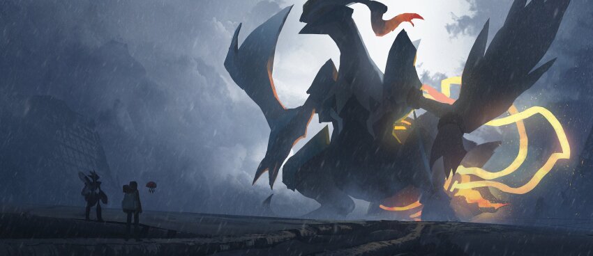 1boy absurdres alternate_form alternate_size asteroid_ill backpack bag city cloud cloudy_sky dragon floating gen_2_pokemon gen_5_pokemon gen_8_pokemon giant giant_monster glowing glowing_tail highres hood hood_down jacket kyurem legendary_pokemon looking_at_another nintendo orange_jacket orbeetle outdoors pokemon pokemon_(creature) post-apocalypse ruins scenery scizor shadow size_difference sky snowing sunlight tail very_wide_shot white_kyurem white_kyurem_(overdrive) wings