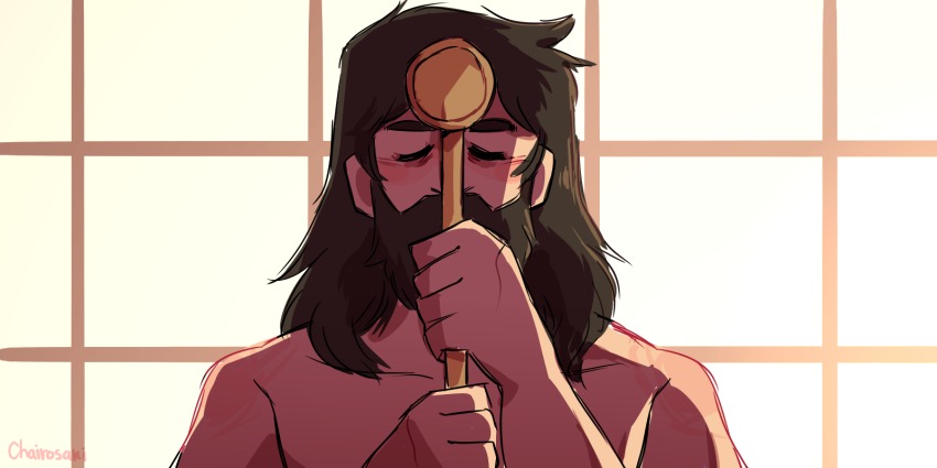 1boy beard brown_hair chairosaki collarbone closed_eyes facial_hair hands_up highres holding male_focus samurai_jack samurai_jack_(character) signature solo