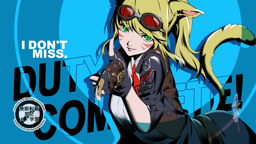 1girl absurdres all-out_attack animal_ears bent_over blonde_hair blue_background cat_ears cat_girl cat_tail collared_shirt commentary_request commission english_text final_fantasy final_fantasy_xiv goggles goggles_on_head green_eyes grin highres jacket looking_at_viewer miqo&#039;te nakano_maru open_clothes open_jacket original persona persona_3 persona_3_reload ponytail red-tinted_eyewear shirt skeb_commission slit_pupils smile solo tail three-quarter_sleeves tinted_eyewear warrior_of_light_(ff14) watermark white_shirt
