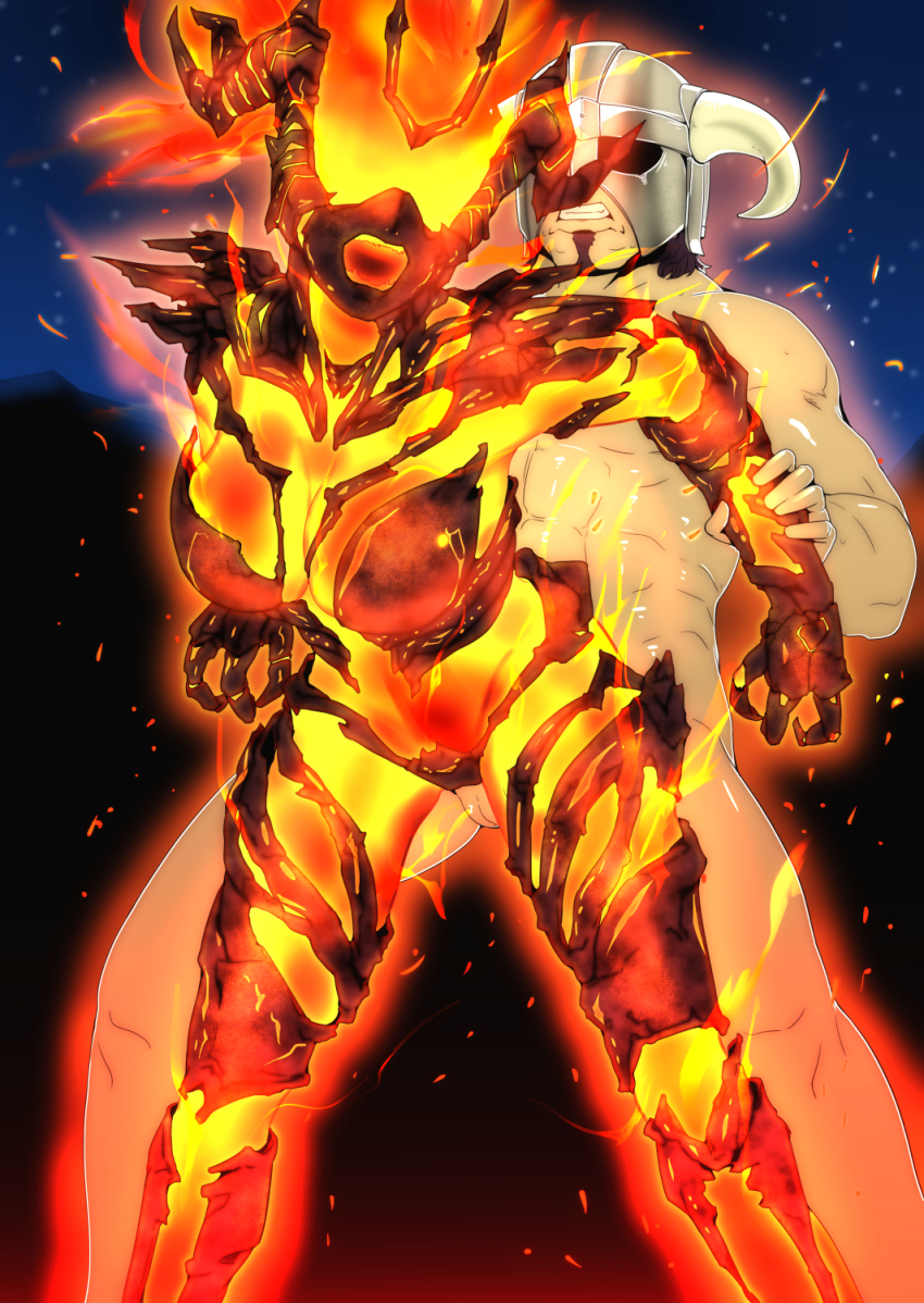 1boy 1girl bent_over breasts brown_hair dovahkiin elemental_(creature) facial_hair fire fire_elemental flame_atronach goatee greco_roman_(spiral_brain) helmet hetero highres horns interspecies large_breasts monster monster_girl no_eyes nude open_mouth sex spirit the_elder_scrolls the_elder_scrolls_v:_skyrim
