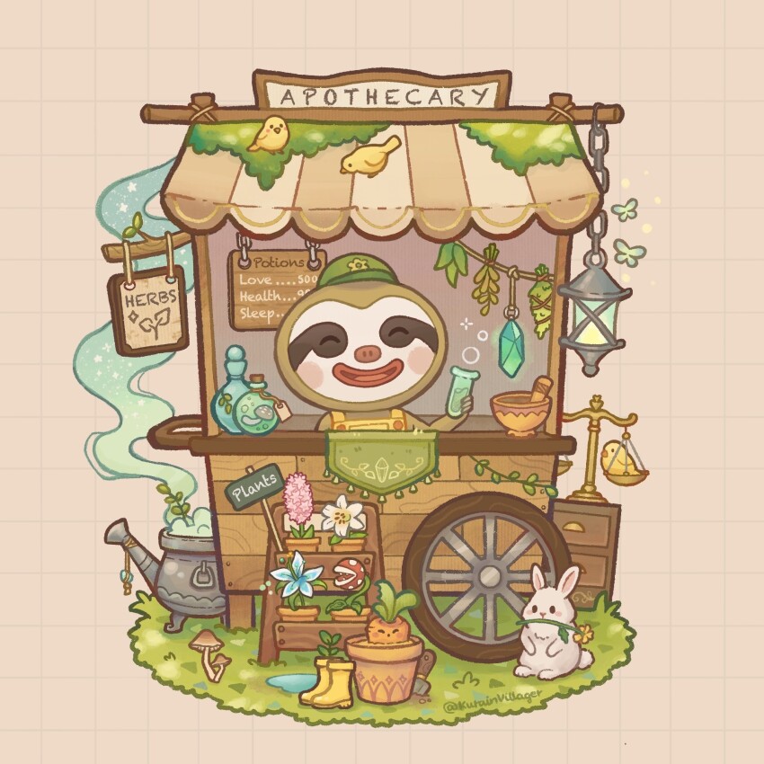 1boy ^_^ animal_crossing apothecary apron artist_name awning balance_scale bird blue_flower boots bottle bowl brown_background bug butterfly carrot cauldron chain closed_eyes commentary counter crystal english_commentary flask flower flower_pot grass green_hat grid_background hand_up hat herb herb_bundle highres holding holding_test_tube hyacinth insect kurain_villager lantern leif_(animal_crossing) lily_(flower) male_focus mario_(series) mortar_(bowl) moss mushroom nintendo open_mouth pestle pink_flower piranha_plant plant potion potted_plant puddle rabbit round-bottom_flask rubber_boots sign silent_princess simple_background sloth_boy smile solo test_tube the_legend_of_zelda trowel twitter_username unworn_boots vending_cart weighing_scale white_flower yellow_apron yellow_boots yellow_flower