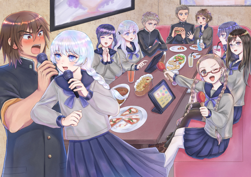 5boys 5girls :o absurdres black_hair black_legwear blue_skirt braid brown_hair burger character_request closed_eyes cup drinking drinking_straw duet elbowing food french_fries fuyusaka_iori gakuran grey_shirt highres hijiyama_takatoshi huge_filesize ichigo_daifuku_(blumenwalzer0903) indoors instrument juusan_kihei_bouei_ken karaoke kisaragi_tomi kurabe_juurou light_brown_hair long_hair long_sleeves maracas margherita_pizza minami_natsuno multiple_boys multiple_girls music nudge okino_tsukasa one_eye_closed own_hands_together pizza pizza_slice red-framed_eyewear school_uniform shirt singing sitting skirt table twin_braids white_hair white_legwear yakushiji_megumi