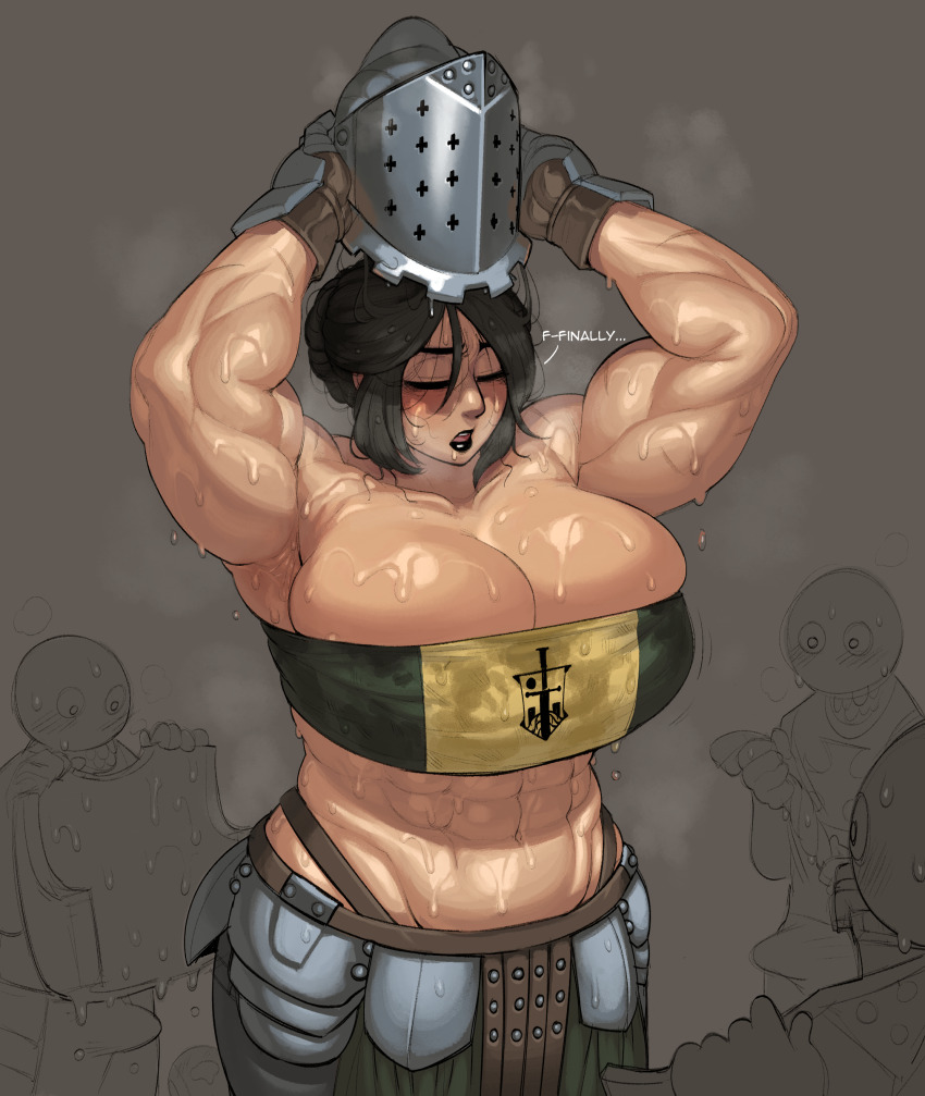 1girl 3boys abs armor armpits bandeau biceps black_hair black_lips blush breasts bulge cleavage closed_eyes coat_of_arms dripping erection erection_under_clothes for_honor gauntlets helmet highres huge_breasts krekkov lawbringer_(for_honor) multiple_boys muscular muscular_female o_o removing_armor removing_helmet steaming_body sweat sweat_stain