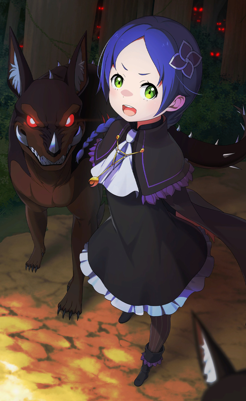 &gt;:) 1girl arms_behind_back black_boots black_cape black_cloak black_dress blue_hair boots braid braided_ponytail cape cloak collared_dress dress flower forehead forest frilled_dress frills full_body glowing glowing_eyes green_eyes hair_flower hair_ornament highres long_hair looking_at_viewer low-tied_long_hair low_ponytail meili_portroute monster nature non-web_source official_art outdoors pantyhose parted_bangs ponytail re:zero_kara_hajimeru_isekai_seikatsu re:zero_kara_hajimeru_isekai_seikatsu:_lost_in_memories single_braid smile solo striped_clothes striped_pantyhose v-shaped_eyebrows vertical-striped_clothes vertical-striped_pantyhose