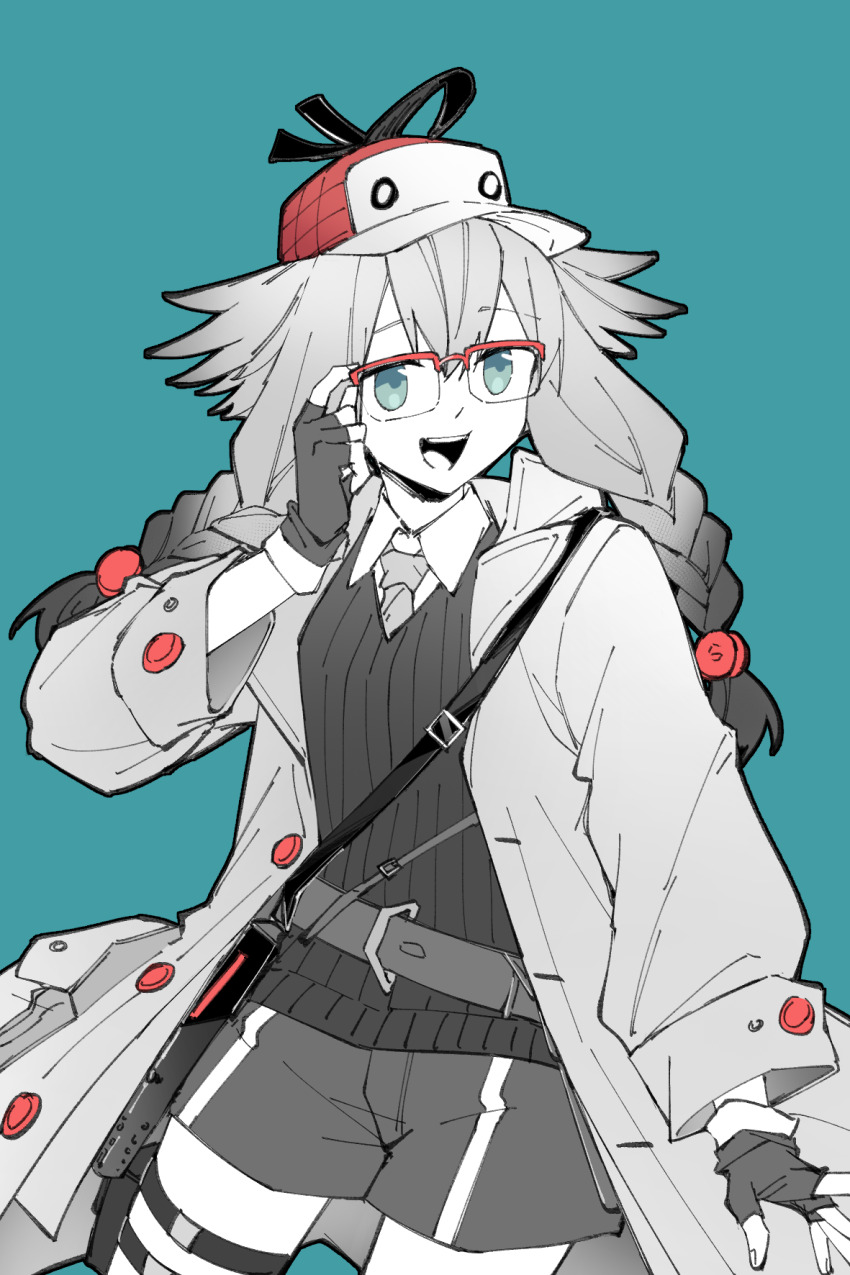 1girl adjusting_eyewear aqua_eyes arknights belt blue_background braid chinese_commentary coat collared_shirt commentary_request deerstalker fingerless_gloves glasses gloves hat highres may_(arknights) may_(elite_ii)_(arknights) necktie official_alternate_costume open_clothes open_coat open_mouth over-rim_eyewear piaoliu_ping_ping_ping_pingzi red-framed_eyewear red_hat semi-rimless_eyewear shirt shorts simple_background smile solo spot_color sweater thigh_strap twin_braids