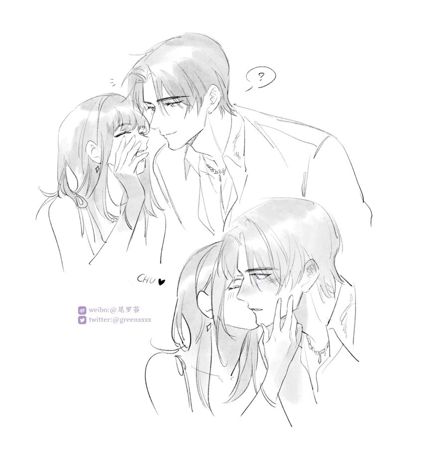1boy 1girl ? blunt_bangs blush charlie_su closed_eyes closed_mouth collared_shirt couple ear_blush earrings eyelashes fingernails floating_earring greenchou happy hetero highres jewelry kiss kissing_cheek light_and_night_love long_bangs looking_at_another monochrome necklace parted_bangs protagonist_(light_and_night_love) shirt short_hair sketch smile speech_bubble twitter_logo twitter_username upper_body watermark weibo_watermark