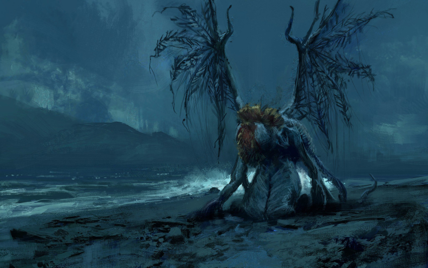 alien beach bloodborne cloud cloudy_sky commentary ebrietas_daughter_of_the_cosmos eldritch_abomination english_commentary extra_arms gazedsoul highres monster no_humans ocean outdoors skeletal_wings sky slug tentacles wings