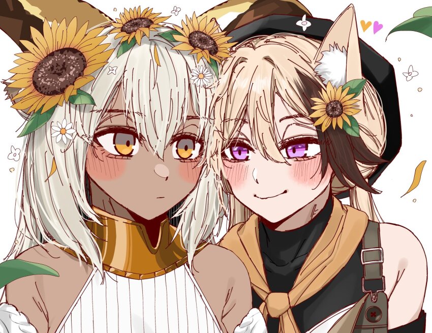 2girls animal_ear_fluff animal_ears arknights bare_shoulders beeswax_(arknights) beeswax_(weisser_sand)_(arknights) black_overalls blush cardigan cardigan_(arknights) cardigan_(sunny_day)_(arknights) carrot_011 commission couple dark-skinned_female dark_skin dog_ears dog_girl dress flower goat_ears goat_girl goat_horns gold_horns hair_flower hair_ornament heart highres horns long_hair looking_at_another multicolored_hair multiple_girls neckerchief orange_neckerchief overalls purple_eyes simple_background smile streaked_hair sunflower sunflower_hair_ornament white_background white_cardigan white_dress white_hair yellow_collar yellow_eyes yuri