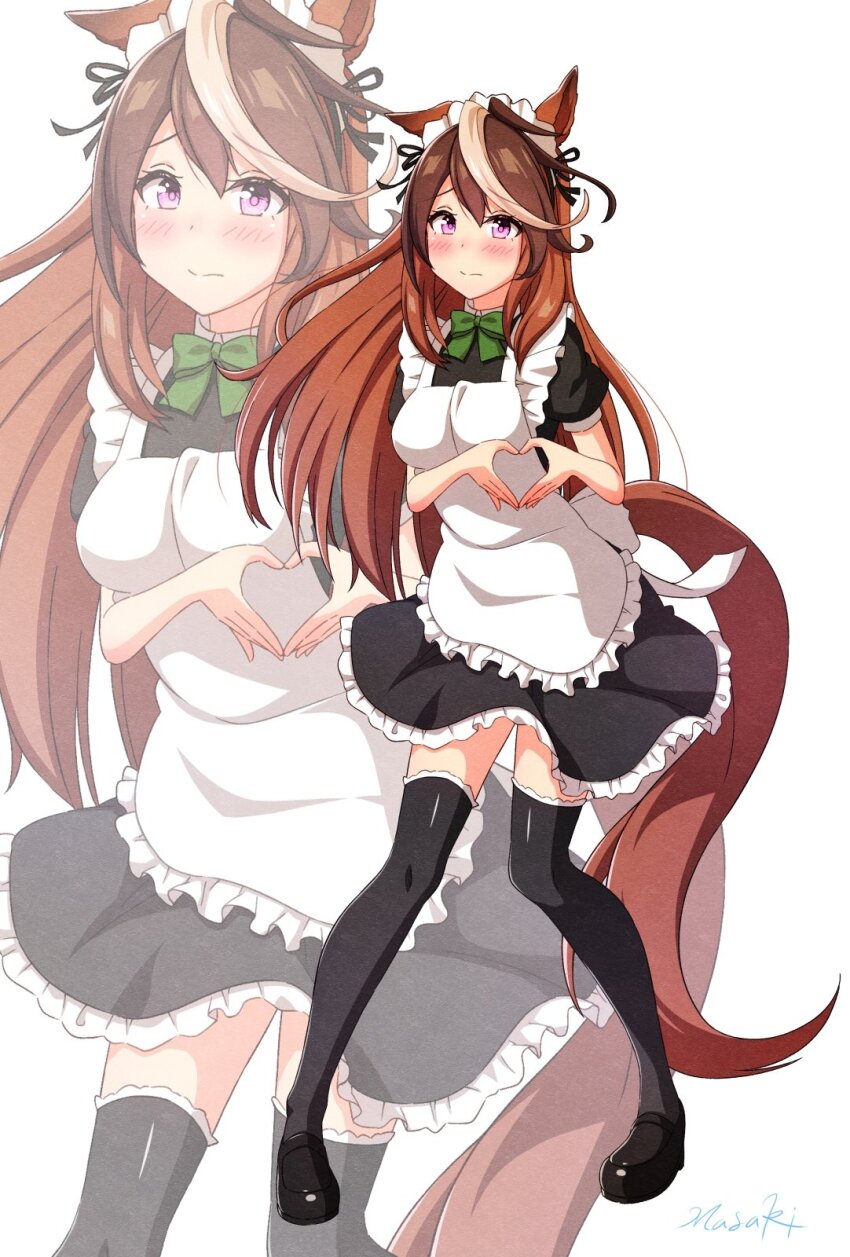 1girl animal_ears apron black_dress black_thighhighs blush breasts brown_hair closed_mouth dress hair_between_eyes heart heart_hands highres horse_ears horse_girl horse_tail long_hair looking_at_viewer maid maid_apron maid_headdress masaki_(masaki_470) medium_breasts multicolored_hair purple_eyes short_sleeves streaked_hair symboli_rudolf_(umamusume) tail thighhighs umamusume white_apron white_hair white_headdress zoom_layer