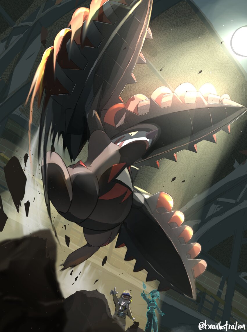 1boy 1girl absurdres artist_name bad_tag bo_(bouillustration) brown_fur brown_helmet canari_(pokemon) claws dot_pupils excadrill facial_hair gen_5_pokemon grandfather_and_granddaughter helmet highres hologram horns light_rays long_claws long_horns mask mega_excadrill mega_pokemon mole_(animal) mouth_mask nintendo old old_man pokemon pokemon_(creature) pokemon_focus pokemon_legends:_z-a single_horn tarragon_(pokemon) v-shaped_eyes