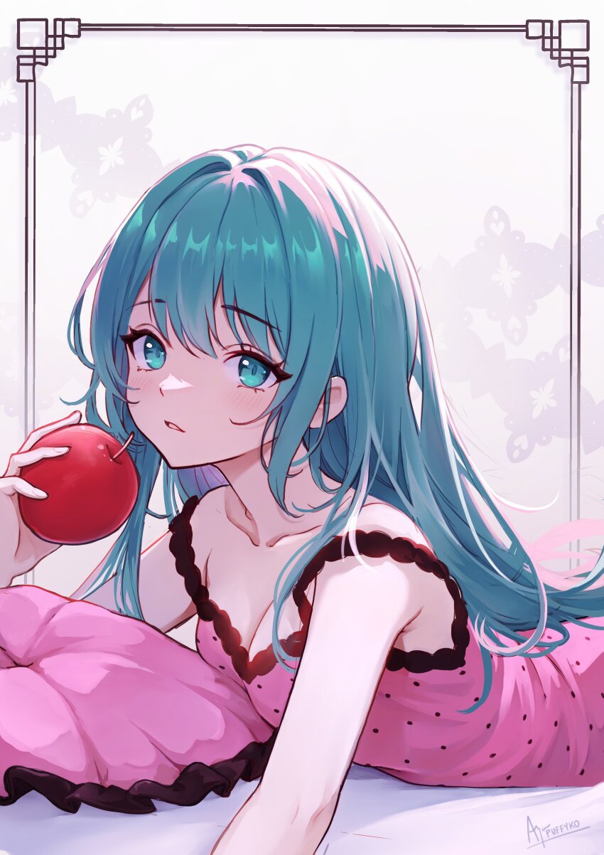 1girl absurdres apple aqua_eyes aqua_hair blush border breasts cleavage collarbone commentary cushion dumpling_aria_(artist) english_commentary eyelashes food foreshortening framed fruit hair_between_eyes hatsune_miku highres holding holding_food holding_fruit long_hair looking_at_viewer lying medium_breasts off_shoulder on_stomach ornate_border romeo_to_cinderella_(vocaloid) shadow simple_background solo vocaloid