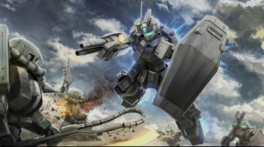 battle bazooka_(gundam) beam_rifle blue_visor cable cloud cloudy_sky copyright_logo damaged earth_federation energy_gun fire gm_(mobile_suit) gm_dominance gun gundam gundam_battle_operation_2 gundam_side_story:_the_blue_destiny heat_hawk jumping machine_gun machinery mecha mecha_focus mobile_suit no_humans official_art painting_(medium) radio_antenna realistic robot scan science_fiction scope shield sky smoke tenjin_hidetaka thrusters traditional_media weapon zaku zaku_ii zeon