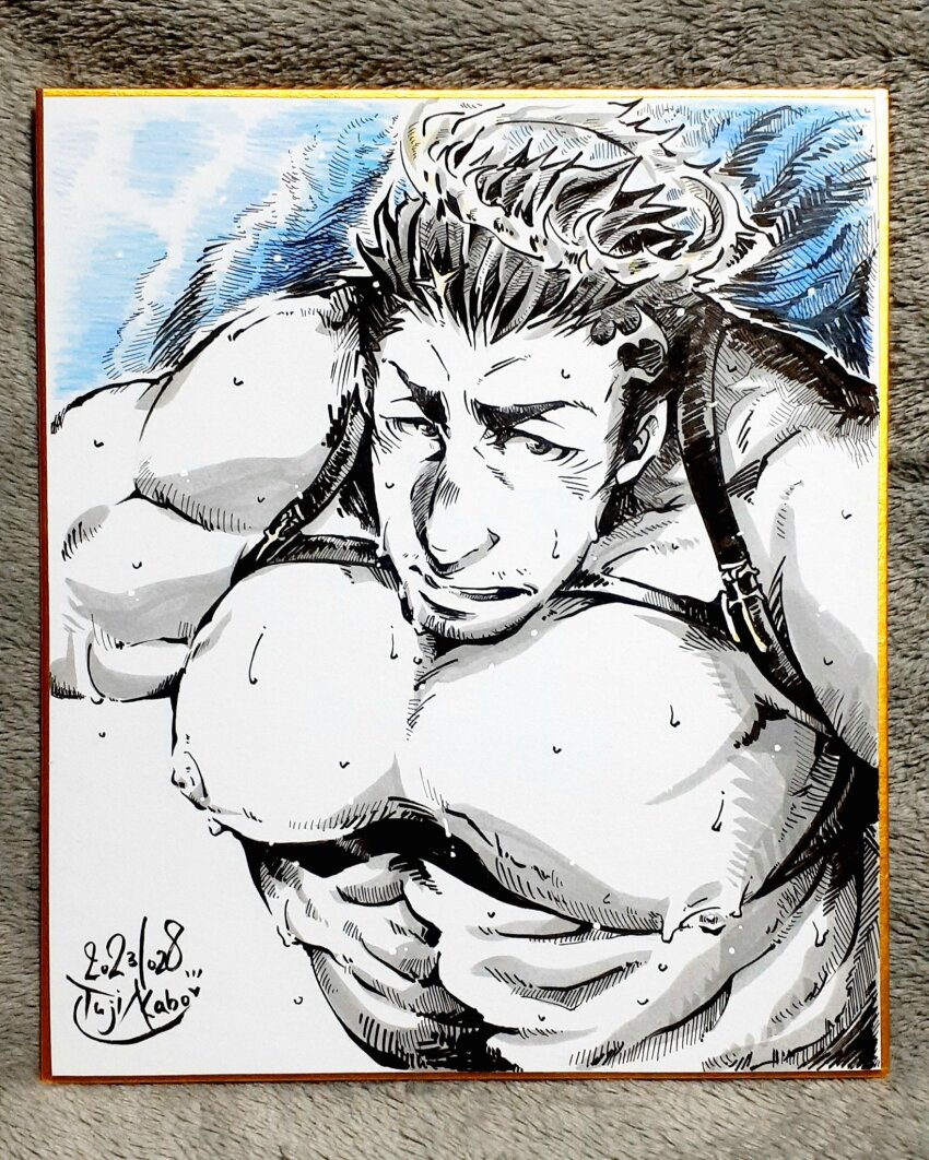 1boy bara bare_pectorals chest_harness greyscale halo harness highres kano_(kano_to10) large_pectorals looking_at_viewer male_focus mature_male monochrome muscular muscular_male nipples pectorals photo_(medium) shikishi short_hair solo sparse_stubble spot_color tokyo_houkago_summoners underbust upper_body water zabaniyya_(fashionista_swimsuit)_(housamo) zabaniyya_(housamo)