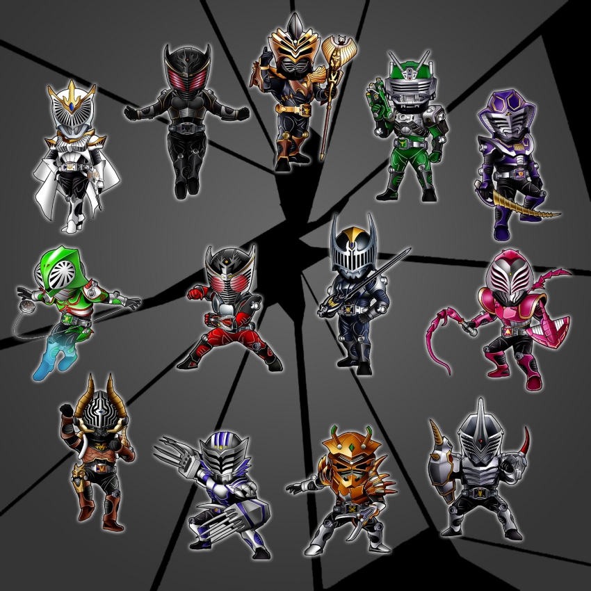 1girl 6+boys belt cape claws gun highres horns kamen_rider kamen_rider_femme kamen_rider_gai kamen_rider_imperer kamen_rider_knight kamen_rider_odin kamen_rider_ouja kamen_rider_raia kamen_rider_ryuga kamen_rider_ryuki kamen_rider_ryuki_(series) kamen_rider_scissors kamen_rider_tiger kamen_rider_verde kamen_rider_zolda maru_(maru1105) mask multiple_boys shield single_horn staff sword_of_hisou weapon whip