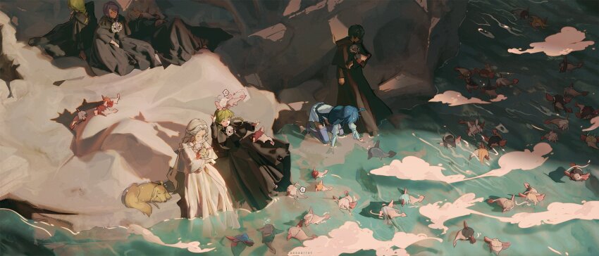 &gt;_&lt; 3boys 4girls :o alisaie_leveilleur all_fours alphinaud_leveilleur anger_vein animal animal_on_arm animalization ardbert_hylfyst argos_(ff14) artist_name axolotl beach black_capelet black_robe blue_hair braid branden_(ff14) capelet closed_eyes day dog emet-selch estinien_varlineau fandaniel final_fantasy final_fantasy_xiv foam from_above g&#039;raha_tia gaia_(ff14) gosetsu_daito green_hair grey_hair haurchefant_greystone head_wings hermes_(ff14) hien_rijin highres holding holding_animal hood hood_down hooded_capelet hythlodaeus kan-e-senna krile_baldesion_(ff14) lamitt long_hair lying lyna_(ff14) lyse_hext mask mask_around_neck medium_hair meteion minfilia_warde moenbryda_wilfsunnwyn multiple_boys multiple_girls nyelbert ocean on_back outdoors papalymo_totolymo purple_hair renda-rae robe rock ryne_waters scenery short_hair side_braid single_braid sitting soaking_feet spoken_anger_vein spoken_sweatdrop standing sweatdrop tataru_taru thancred_waters too_many toto_(caaaaarrot) twin_braids unworn_mask urianger_augurelt venat_(ff14) warrior_of_light_(ff14) water white_capelet white_robe wings y&#039;shtola_rhul yotsuyu_goe_brutus ysayle_dangoulain yugiri_mistwalker zenos_yae_galvus zero_(ff14)