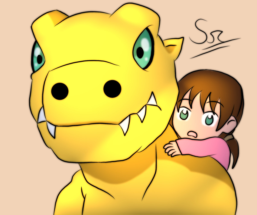 1girl agumon_(digimon_savers) daimon_chika digimon digimon_(creature) digimon_adventure_(movie) digimon_savers green_eyes highres looking_at_viewer parody sharp_teeth srshadow5536 teeth