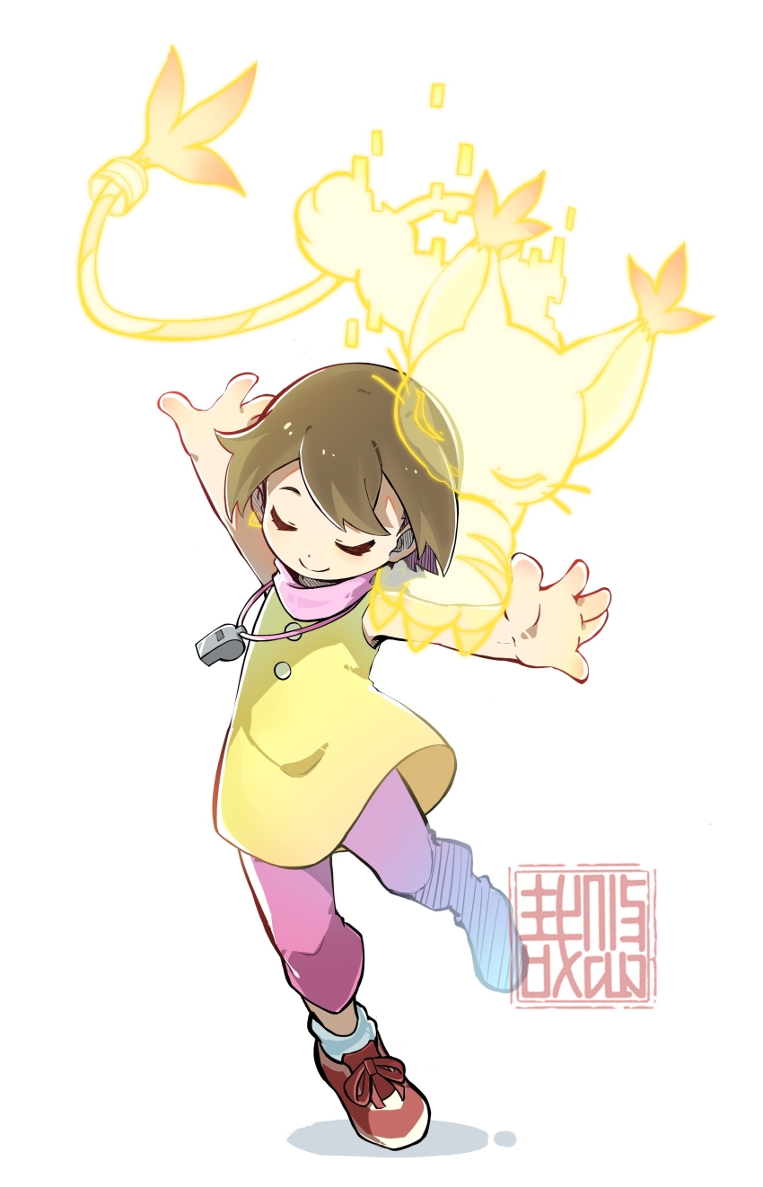 1girl absurdres animal_hands arm_up artist_logo brown_hair cat child chinese_commentary closed_eyes closed_mouth digimon digimon_adventure dot_nose double-parted_bangs dress floating full_body gloves hand_up hatching_(texture) highres logo outstretched_arms pants paw_gloves pink_pants red_footwear shadow shirt short_dress short_hair simple_background sleeveless sleeveless_dress smile solo split_mouth spread_arms standing standing_on_one_leg tailmon transparent_animal u_u whistle whistle_around_neck white_background yagami_hikari yellow_shirt youzaiyouzai112