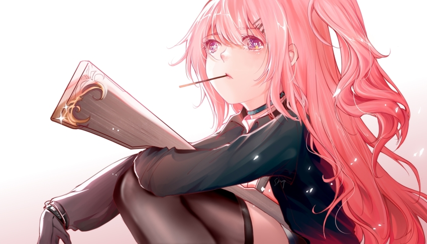 1girl ambriel_(arknights) arknights black_choker black_gloves black_jacket black_thighhighs choker closed_mouth food gloves gradient_background gun hair_ornament hairclip highres jacket long_hair long_sleeves looking_up mouth_hold pink_eyes pink_hair pocky shotgun side_ponytail sitting solo stepcacc thighhighs wavy_hair weapon white_background