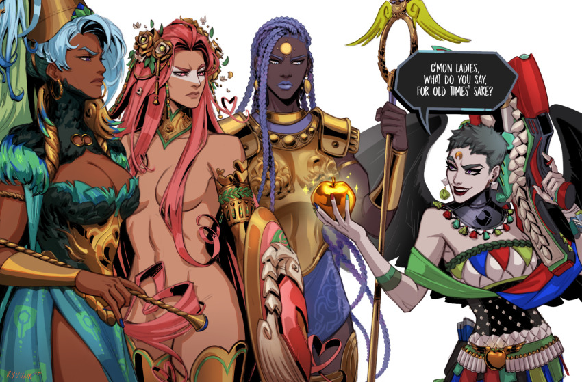 4girls aphrodite_(hades) apple armor athena_(hades) black_wings blue_dress blue_eyes blue_hair braid breasts cleavage cleavage_cutout clothed_female_nude_female clothing_cutout colored_skin dark-skinned_female dark_skin dress earrings english_text eris_(hades) facial_mark food fruit gorget grace_kim_(ryuuna) grey_skin gun hades_(series) hades_2 hair_censor hera_(hades) highres jewelry long_hair multiple_girls nude pink_eyes pink_hair purple_eyes purple_hair shield short_hair smile staff weapon wings