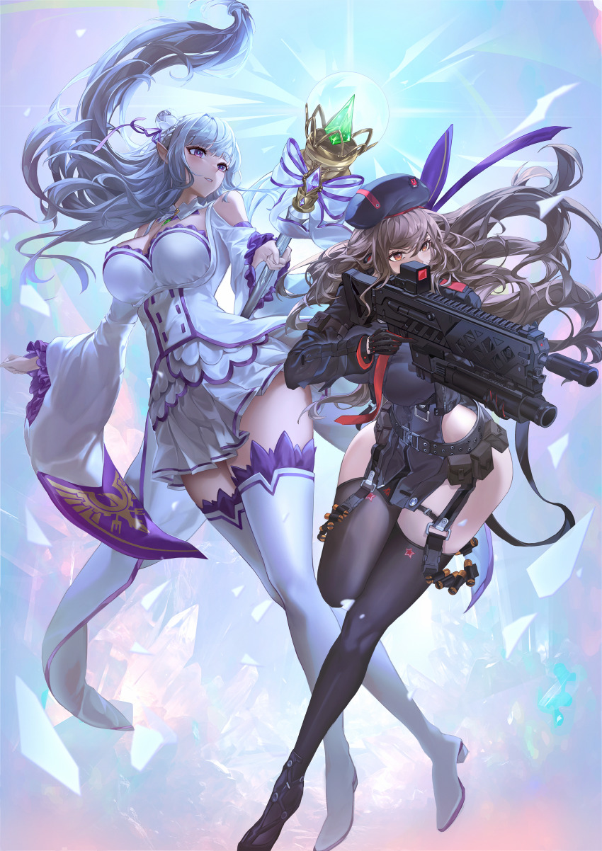 2girls absurdres bare_shoulders black_gloves black_jacket black_thighhighs blush braid breasts brown_hair cleavage crossover crown_braid dress elf emilia_(re:zero) eru_(eru_illust) flower full_body gem gloves goddess_of_victory:_nikke green_gemstone grey_hair gun hair_flower hair_ornament hair_ribbon hat highres holding holding_gun holding_staff holding_weapon jacket large_breasts long_hair long_sleeves looking_at_viewer multiple_girls open_mouth oulders pointy_ears purple_eyes purple_ribbon rapi_(nikke) re:zero_kara_hajimeru_isekai_seikatsu red_eyes ribbon rose shirt smile staff thighhighs thighs two-tone_gloves weapon white_flower white_hair white_rose x_hair_ornament