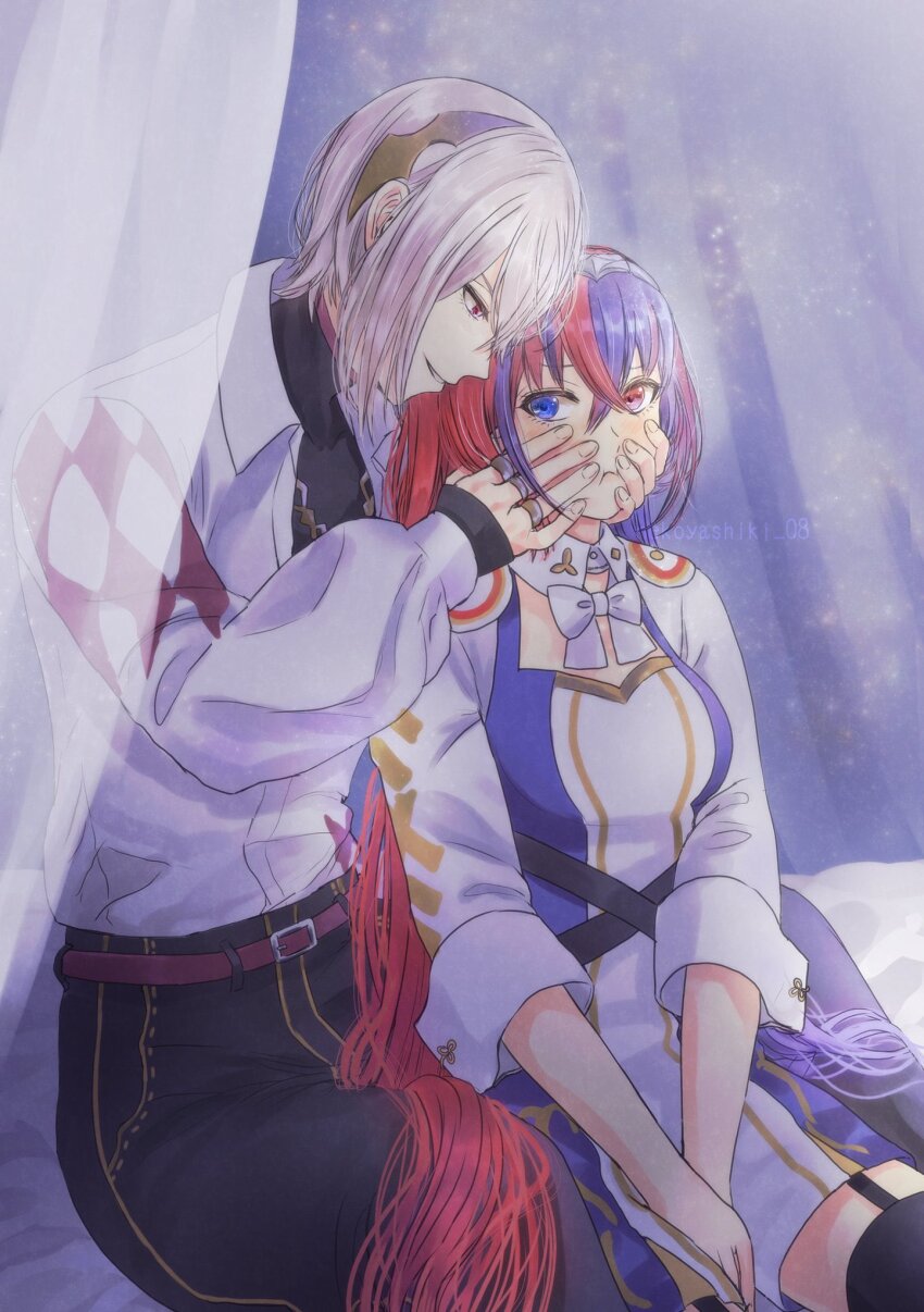 alear_(female)_(fire_emblem) bedroom blue_eyes couple dragon dragon_boy dragon_girl eye_contact fire_emblem fire_emblem_engage hair_ornament headband highres jacket looking_at_another multicolored_hair nekoyashiki_08 nintendo on_bed pout rafal_(fire_emblem) red_eyes sitting smirk two-tone_hair veil white_hair white_jacket