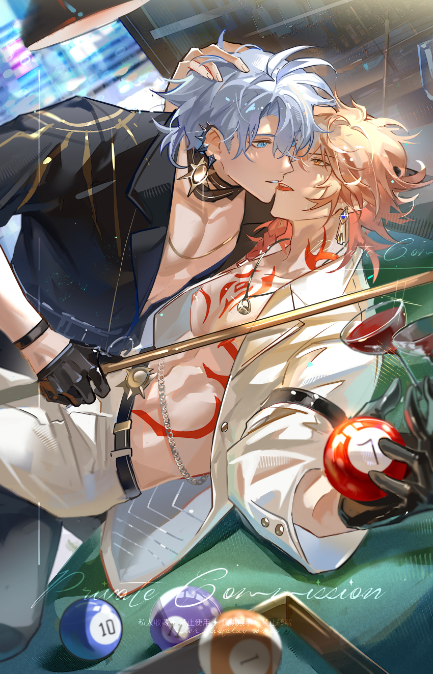 2boys absurdres antenna_hair ball belt billiard_ball black_belt black_choker black_gloves black_shirt blonde_hair blue_eyes braid chest_tattoo chinese_commentary choker commentary_request commission earrings facial_tattoo gloves gold_earrings gradient_hair hand_on_another&#039;s_head highres holding_cue_stick honkai:_star_rail honkai_(series) imminent_kiss jacket jewelry male_focus medium_hair multicolored_hair multiple_boys mydei_(honkai:_star_rail) official_alternate_costume open_clothes open_jacket pants parted_bangs partially_unbuttoned phainon_(fashion)_(honkai:_star_rail) phainon_(honkai:_star_rail) pool_table red_hair red_tattoo shirt short_hair side_braid single_glove table tattoo watermark white_hair white_jacket white_pants xiaozongcai521 yaoi yellow_eyes