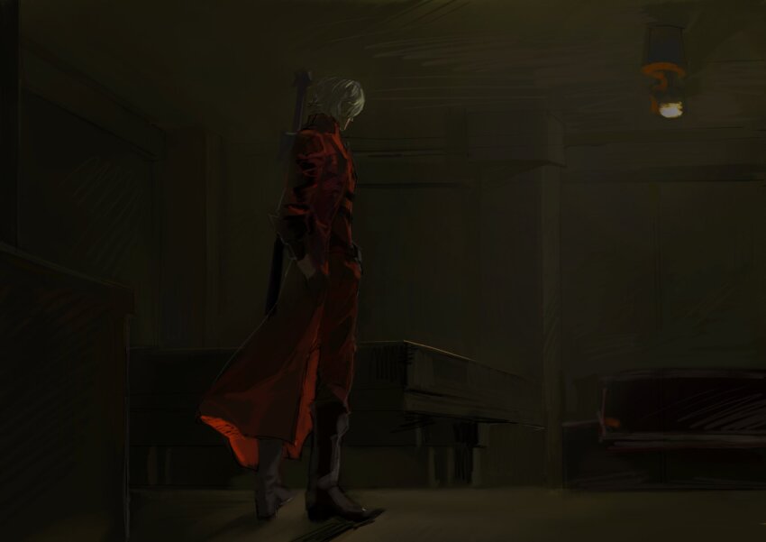 back coat dante_(devil_may_cry) devil_may_cry_(series) devil_may_cry_1 full_body gloves highres rebellion_(sword) red_coat standing sword sword_on_back weapon weapon_on_back white_hair xiong_hai