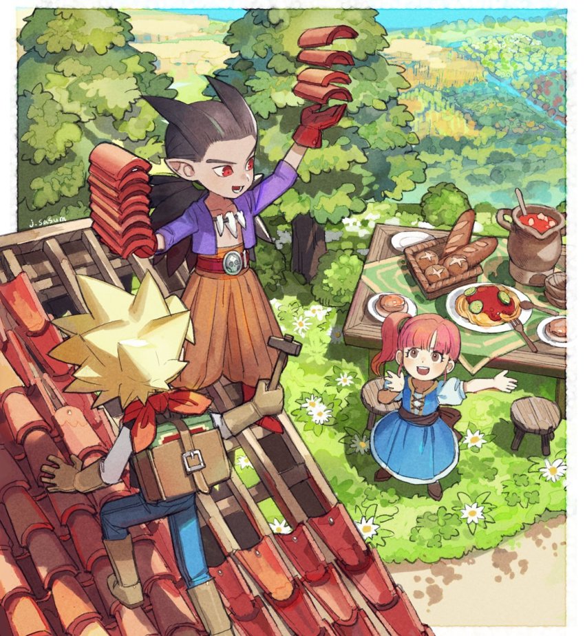1girl 2boys arm_up black_hair blonde_hair blouse brown_eyes day dragon_quest dragon_quest_builders_2 dress gloves highres long_hair male_builder_(dqb2) multiple_boys open_mouth orange_pants pants pink_hair pointy_ears puffy_sleeves purple_shirt red_eyes red_gloves ruru_(dqb2) sasumata_jirou shirt side_ponytail sidoh_(dqb2) smile spiked_hair square_enix tree