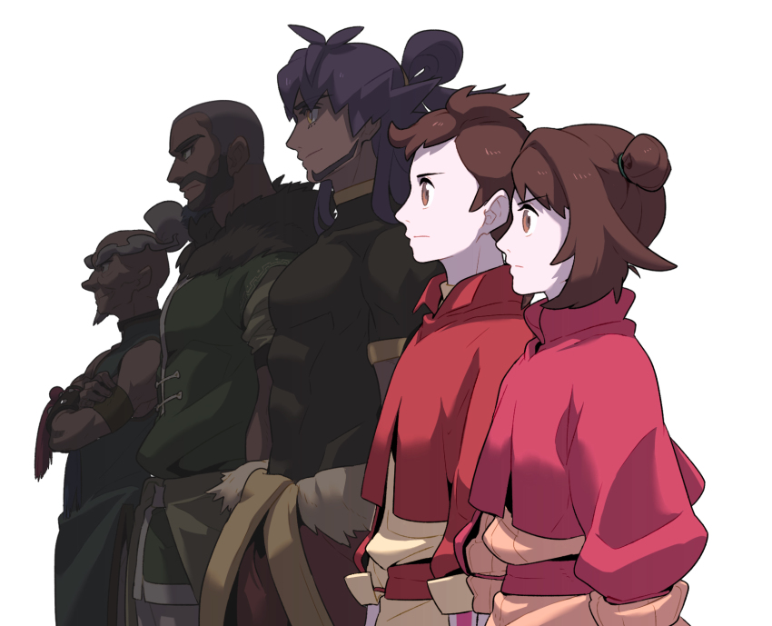 1girl 4boys alternate_costume avatar_legends brown_eyes brown_hair closed_mouth commentary_request crossed_arms dark-skinned_male dark_skin expressionless facial_hair from_side gloria_(pokemon) hair_tie highres korean_commentary leon_(pokemon) long_eyebrows multiple_boys mustard_(pokemon) nintendo peony_(pokemon) pokemon pokemon_swsh purple_hair redlhzz short_hair short_sleeves very_short_hair victor_(pokemon) white_background yellow_eyes