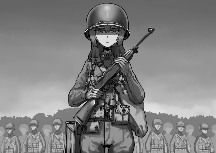 1girl ammunition battle_rifle combat_helmet erica_(naze1940) female_focus gloves greyscale gun helmet long_hair m1_carbine m1_helmet military military_uniform monochrome original paratrooper rifle sky soldier solo solo_focus weapon world_war_ii