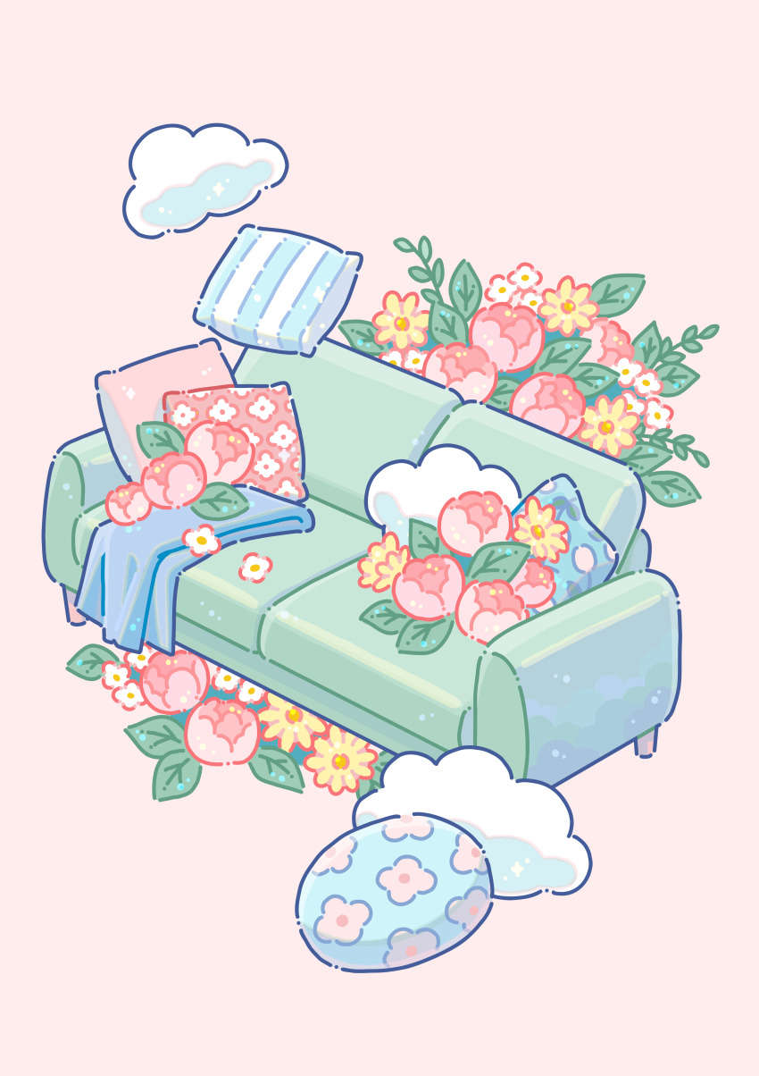absurdres cloud couch floral_print flower highres hiro046k leaf no_humans object_focus original pillow pink_background pink_flower pink_pillow still_life striped_pillow towel yellow_flower