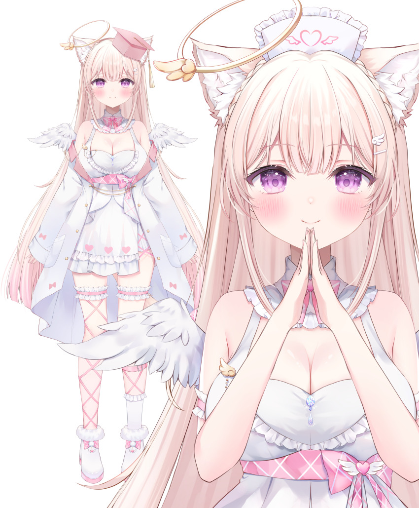 1girl absurdres animal_ear_fluff animal_ears bare_shoulders blush breasts cleavage closed_mouth commentary_request copyright_request dress frilled_dress frilled_hat frills halo hat highres jacket large_breasts light_brown_hair long_hair mortarboard multiple_views nurse nurse_cap off_shoulder open_clothes open_jacket pink_headwear purple_eyes rucaco shoes simple_background smile steepled_fingers tilted_headwear very_long_hair virtual_youtuber white_background white_dress white_footwear white_headwear white_jacket