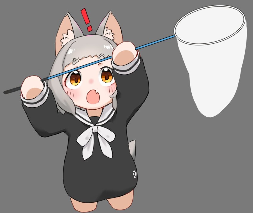 ! 1girl :o animal_ear_fluff animal_ears black_dress blush bow bowtie brown_eyes butterfly_net child cropped_legs dress fang grey_background grey_hair hand_net highres holding hop_step_jan kon_(vrchat) long_sleeves looking_up neckerchief open_mouth orange_eyes sailor_collar sailor_dress short_eyebrows short_hair simple_background skin_fang solo tail thick_eyebrows vrchat white_bow white_bowtie white_neckerchief white_sailor_collar wolf_ears wolf_girl wolf_tail yellow_eyes