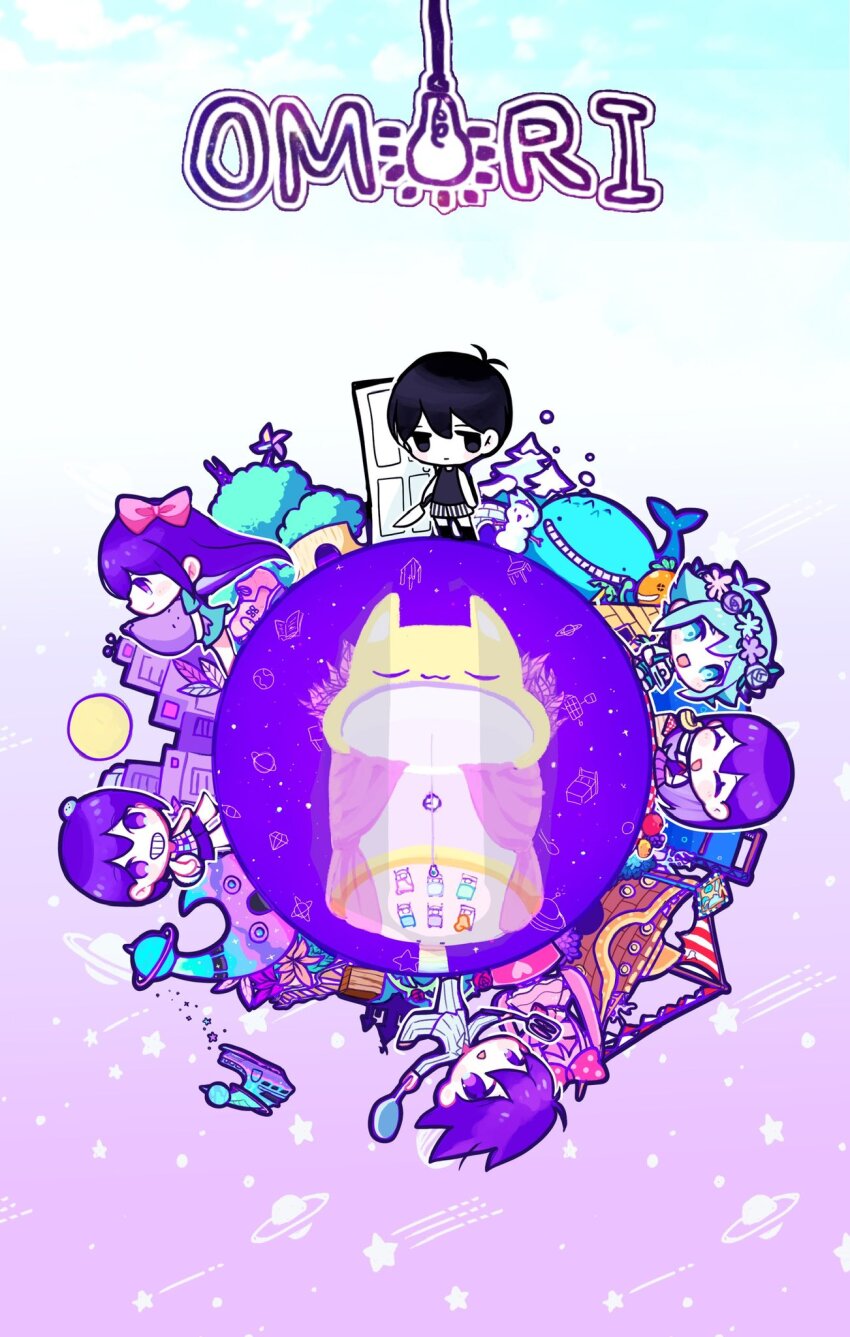 3girls 6+boys aubrey_(headspace)_(omori) aubrey_(omori) basil_(headspace)_(omori) basil_(omori) big_yellow_cat_(omori) black_eyes black_hair black_thighhighs blush bow camera captain_spaceboy chibi closed_mouth colored_skin copyright_name door flower frying_pan green_eyes green_hair hair_bow head_wreath hero_(headspace)_(omori) hero_(omori) highres holding holding_camera holding_frying_pan holding_knife holding_spatula holding_stuffed_toy humphrey_(omori) kel_(headspace)_(omori) kel_(omori) knife long_hair mari_(headspace)_(omori) mari_(omori) multiple_boys multiple_girls omori open_mouth orange_joe_(omori) pet_rock pink_bow pink_hair purple_eyes purple_hair short_hair smile spatula spoilers stuffed_eggplant stuffed_toy sweetheart_(omori) thighhighs timaki tree twintails whale white_skin