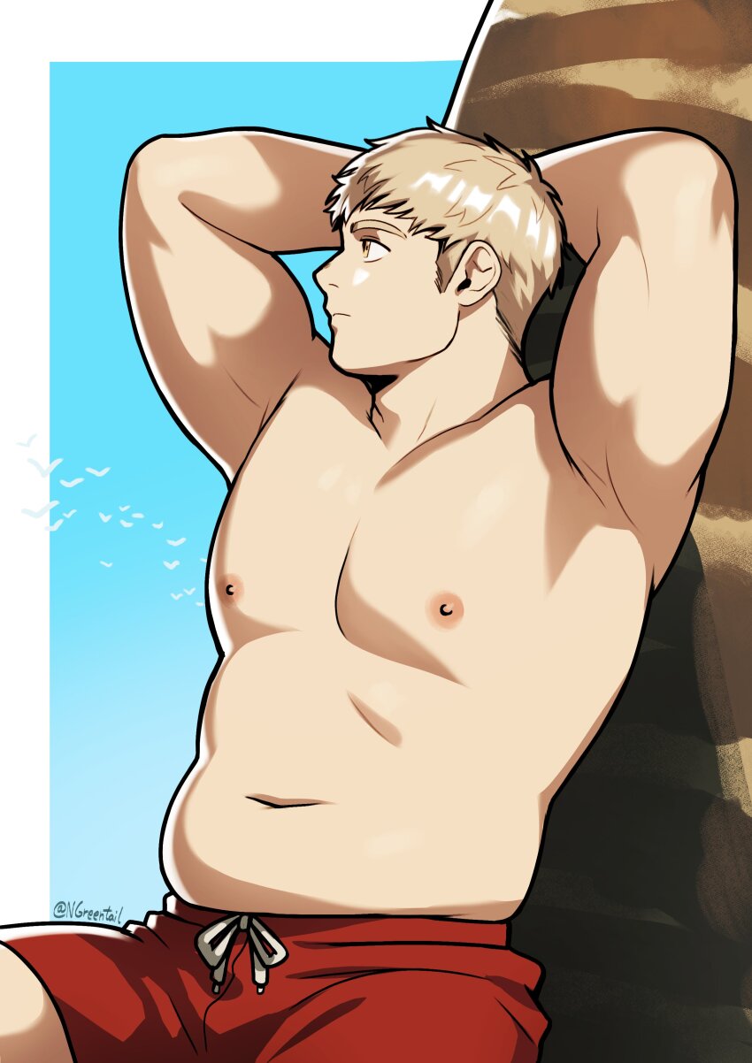 1boy absurdres arms_behind_head artist_name bara blonde_hair dungeon_meshi highres laios_touden looking_afar male_focus male_swimwear muscular muscular_male nifast_(greentail) nipples red_male_swimwear signature simple_background sitting solo yellow_eyes