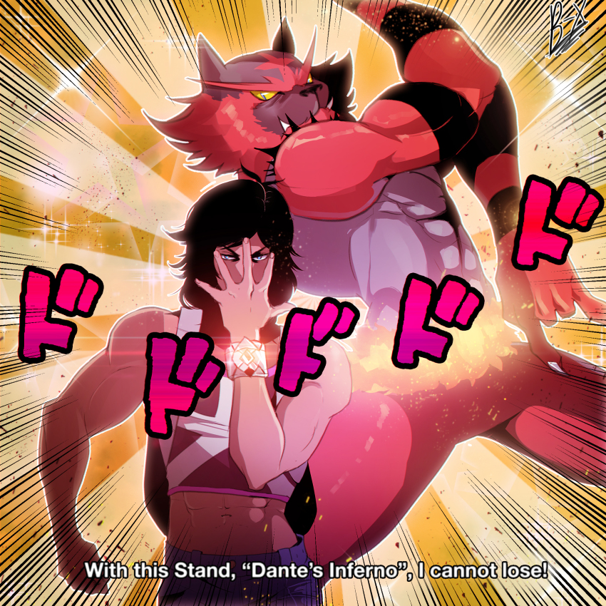 1boy abs black_hair bracer character_request colored_sclera commentary crop_top dodododo elio_(pokemon) emphasis_lines english_commentary english_text fabulous gen_7_pokemon hand_over_face highres incineroar jojo_no_kimyou_na_bouken jojo_pose jonathan_joestar&#039;s_pose_(jojo) killer_queen&#039;s_pose_(jojo) long_eyebrows m/ male_focus midriff muscular nintendo nyantcha parody pokemon pokemon_(creature) pokemon_sm red_fur sleeveless snout sound_effects stand_(jojo) subtitled tusks yellow_sclera