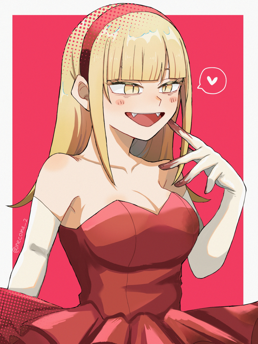 1girl absurdres bare_shoulders blonde_hair blood blood_on_hands blunt_bangs blush boku_no_hero_academia breasts cleavage collarbone dress elbow_gloves fangs gloves hair_down hairband heart highres long_hair medium_breasts neko_manma red_background red_dress red_hairband solo spoken_heart standing toga_himiko yellow_eyes