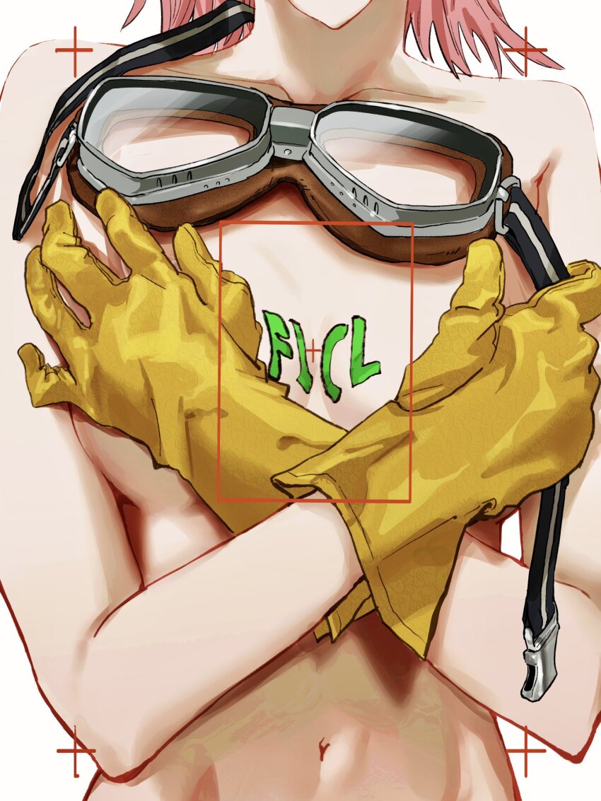 1girl breasts covered_erect_nipples flcl gloves goggles haruhara_haruko highres navel nude pink_hair pink_punk_ponk short_hair simple_background small_breasts solo standing white_background yellow_gloves