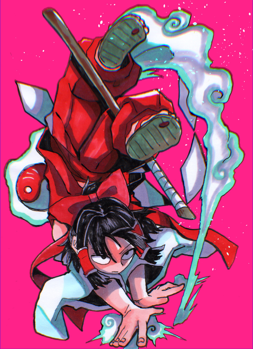 1girl black_eyes black_hair bow chromatic_aberration detached_sleeves dust_cloud full_body gohei hair_bow hair_tubes hakama hakama_pants hakurei_reimu handstand highres inuyama_konan japanese_clothes orb pants pink_background red_bow red_hakama red_shirt sandals shide shirt sidelocks simple_background sleeveless sleeveless_shirt solo touhou v-shaped_eyebrows yin_yang yin_yang_orb zouri