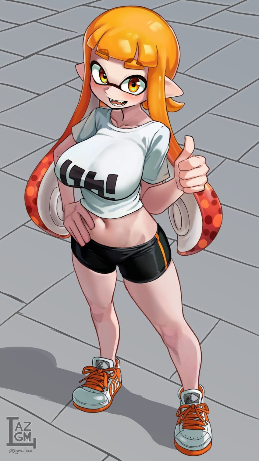 bike_shorts breasts fangs hand_on_own_hip highres inkling inkling_girl inkling_player_character large_breasts laz_gm nintendo orange_eyes orange_hair shirt shoes sneakers splatoon_(series) splatoon_1 thumbs_up white_shirt