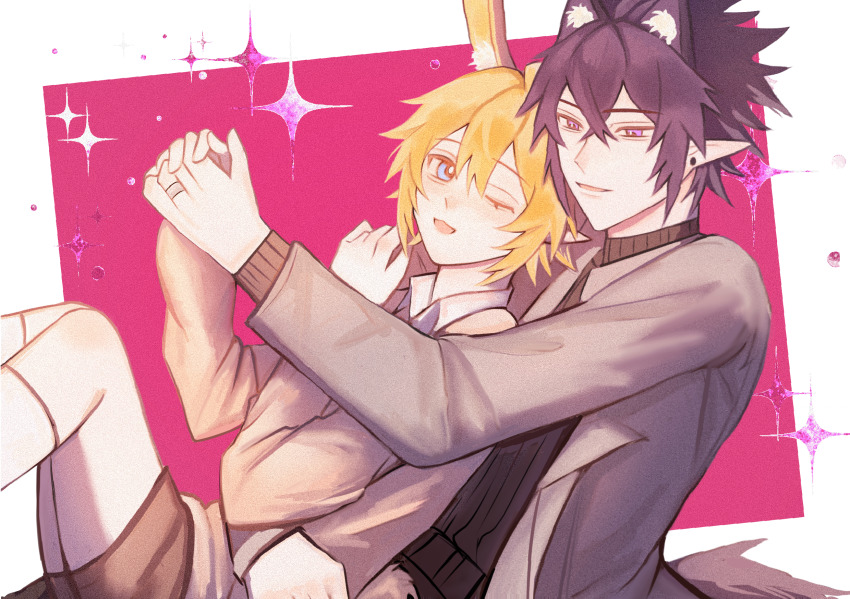 2boys alternate_costume animal_ears aotu_world bishounen black_hair black_shorts blonde_hair blue_eyes collared_shirt extra_ears hair_between_eyes highres hug hug_from_behind jacket king_(aotu_world) kneehighs long_sleeves looking_at_viewer male_focus multiple_boys one_eye_closed open_mouth pink_background plutoray pointy_ears purple_eyes rabbit_boy rabbit_ears ray_(aotu_world) shirt short_hair shorts smile socks sparkle sweater tail white_background white_shirt wolf_boy wolf_ears yaoi