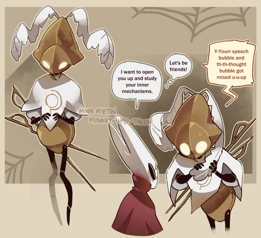 1girl 1other absurdres arthropod_girl capelet cloak english_text highres hollow_knight hollow_knight:_silksong hornet_(hollow_knight) humanoid_robot meme minart_(minart-was-taken) mixed_up_thought_and_speech_bubbles_(meme) multiple_views red_cloak robot second_sentinel_(hollow_knight) solid_eyes speech_bubble thought_bubble white_capelet