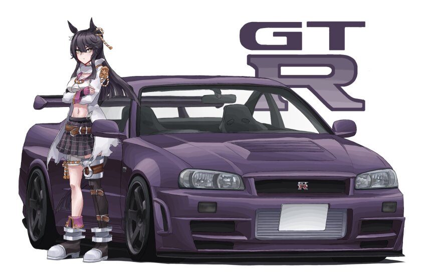 1girl animal_ears asymmetrical_legwear belt black_hair brown_belt brown_shoes car closed_mouth commentary_request crossed_arms fingerless_gloves gloves grey_skirt highres horse_ears horse_girl jacket leg_belt long_sleeves looking_at_viewer midriff mismatched_legwear motor_vehicle narita_brian_(umamusume) navel nissan_skyline nissan_skyline_gt-r nissan_skyline_r34 rope sarashi shimenawa shoes simple_background skirt solo sports_car standing torn_clothes torn_jacket umamusume vehicle_focus white_background white_jacket yellow_eyes yuuki_(abekobenanda)