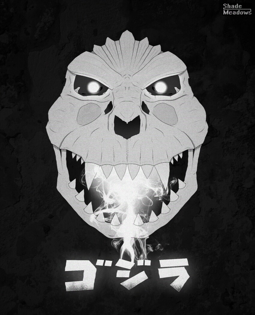 atomic_breath breath_weapon dinosaur energy glowing glowing_eyes glowing_mouth godzilla godzilla_(1954) godzilla_(series) highres japanese_text kaiju looking_at_viewer monochrome monster mouth_beam no_humans shade_meadows skull steam toho vapor