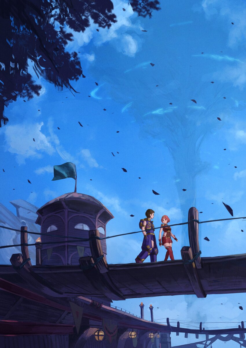 1boy 1girl absurdres blue_sky bridge closed_mouth commentary_request falling_leaves flag flagpole highres house in-universe_location leaf looking_at_another open_mouth outdoors ponaponyo pyra_(xenoblade) red_hair rex_(xenoblade) short_hair sky smile walking xenoblade_chronicles_(series) xenoblade_chronicles_2