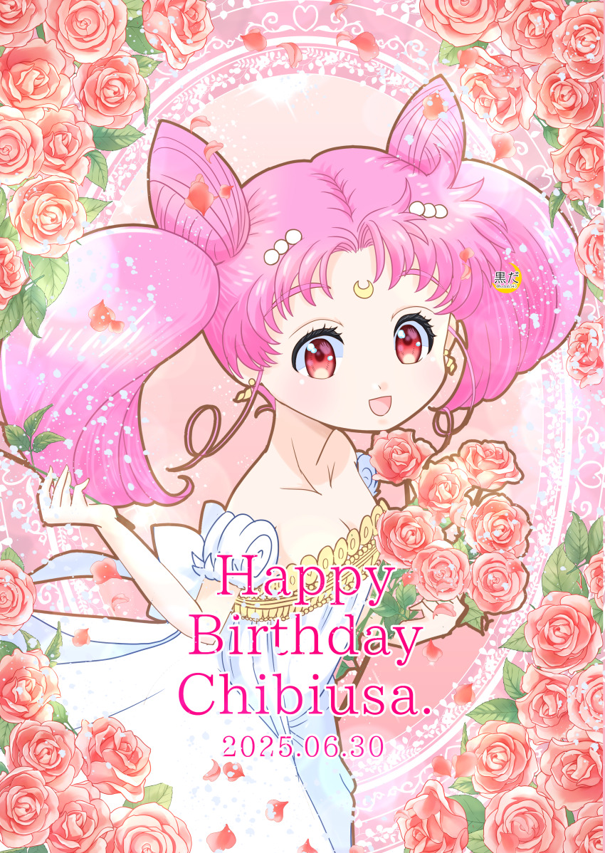 1girl absurdres bishoujo_senshi_sailor_moon bow chibi_usa child cone_hair_bun crescent crescent_facial_mark double_bun dress facial_mark flower hair_bun highres jewelry kuroasa24 pink_hair princess_serenity red_eyes rose smile strapless strapless_dress twintails white_dress