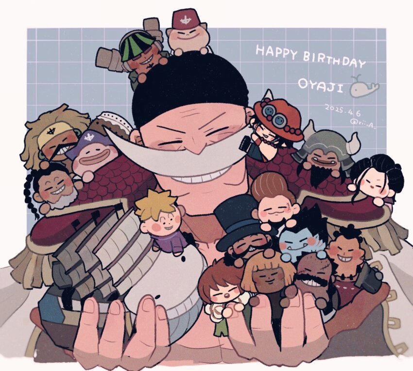 6+boys ^_^ bandana beard black_bandana black_hair blamenco blenheim blonde_hair blue_skin blunt_bangs boat brown_hair carrying chibi closed_eyes coat coat_on_shoulders colored_skin commentary_request curiel dated edward_newgate epaulettes facial_hair fossa goatee happy_birthday haruta_(one_piece) hat highres izou_(one_piece) jozu marco_(one_piece) moby_dick_(one_piece) multiple_boys mustache namur one_piece orange_hat pompadour portgas_d._ace rakuyou rii_a speed_jiru stitched_face stitches thatch vista_(one_piece) watercraft