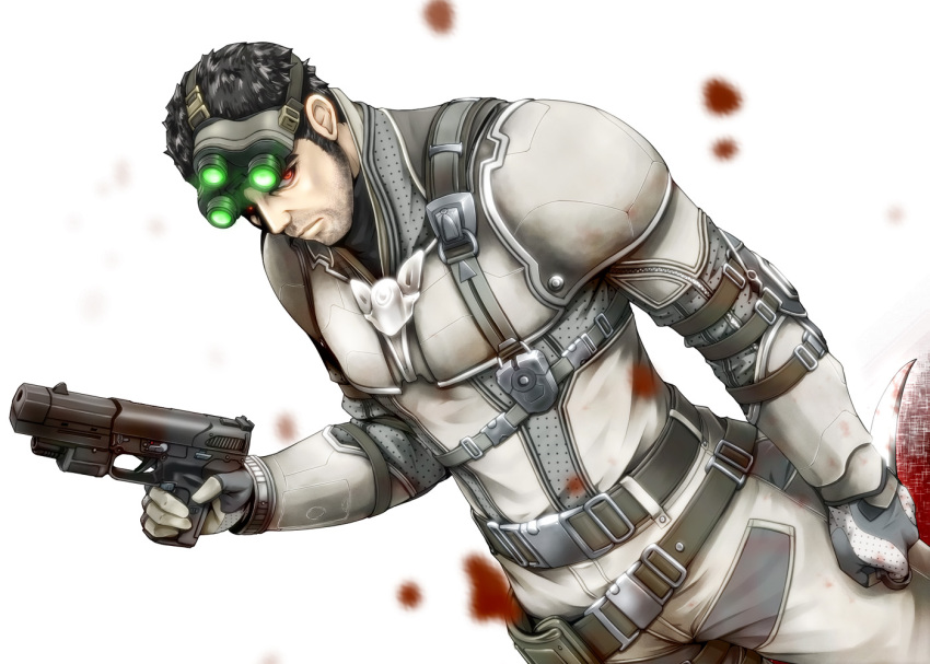 1boy armor black_hair blood body_armor bodysuit bulletproof_vest doku_hebi elbow_pads facial_hair fn_five-seven gloves goggles goggles_on_head gun handgun holding holding_gun holding_weapon karambit knife male_focus mercenary military military_operator military_uniform night-vision_device paramilitary pdw-caliber_pistol pistol red_eyes sam_fisher shoulder_pads solo splinter_cell splinter_cell:_blacklist suppressor trigger_discipline vest weapon